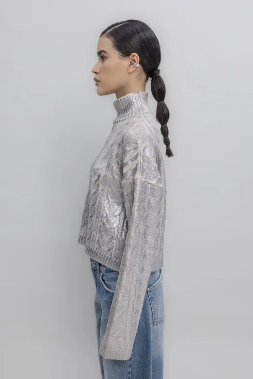 Bayan Gümüş Varak Baskılı Balıkçı Yaka Kazak - BSL