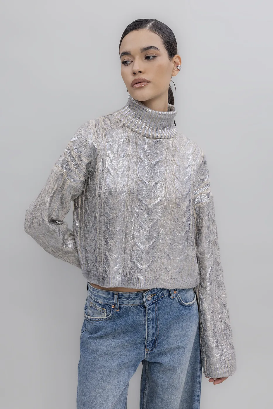 Bayan Gümüş Varak Baskılı Balıkçı Yaka Kazak