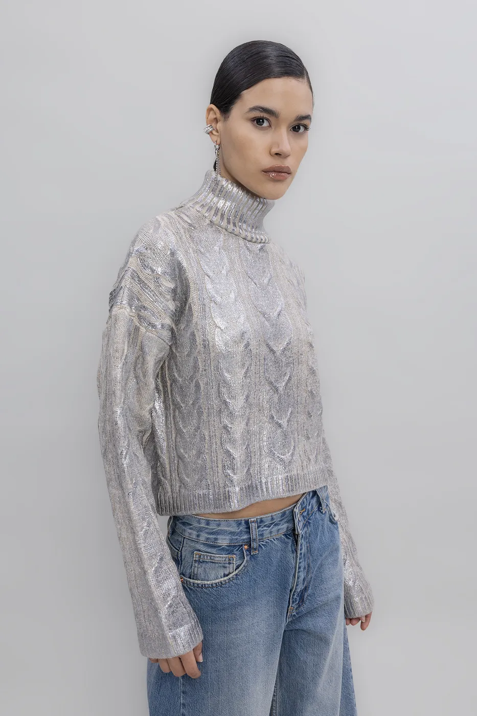 Bayan Gümüş Varak Baskılı Balıkçı Yaka Kazak