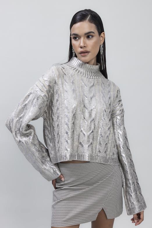 Bayan Gümüş Varak Baskılı Balıkçı Yaka Kazak - BSL