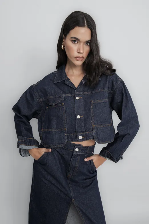 Bayan Lacivert Cep Detaylı Crop Denim Mont - BSL