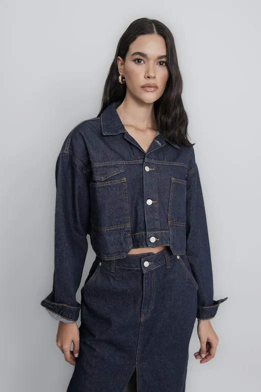 Bayan Lacivert Cep Detaylı Crop Denim Mont - BSL