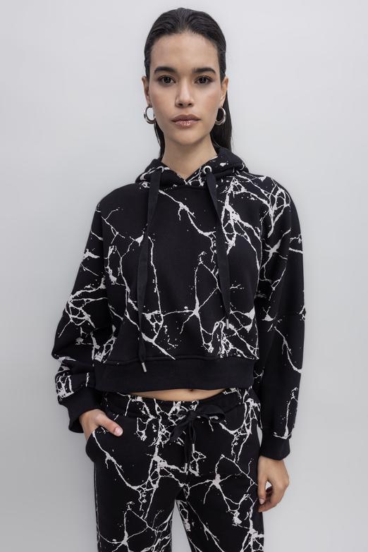 Bayan  Kapüşonlu Desenli Şardonlu Sweatshirt