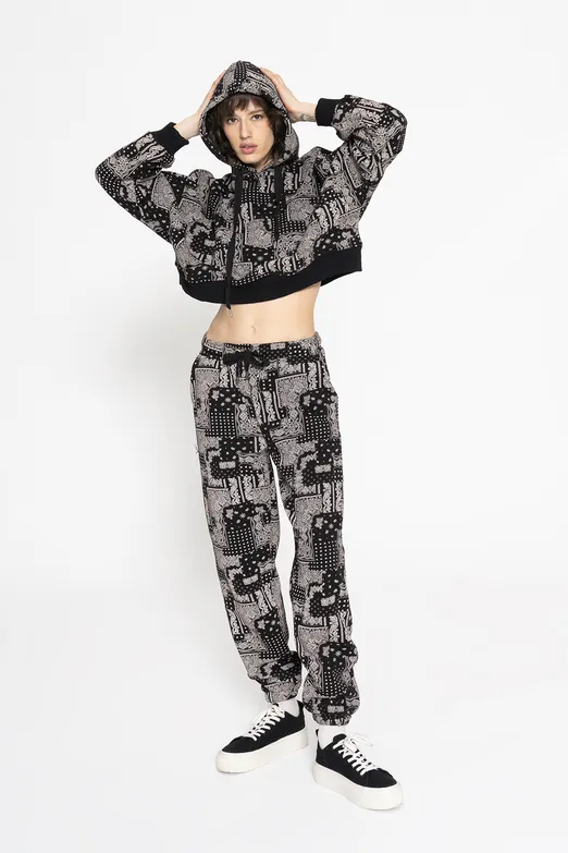 Bayan Siyah Desenli Şardonlu Jogger Pantolon - BSL