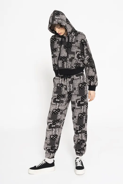 Bayan Siyah Desenli Şardonlu Jogger Pantolon - BSL