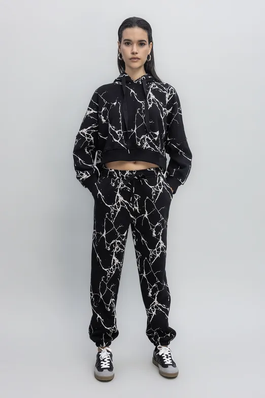 Bayan Siyah Desenli Şardonlu Jogger Pantolon - BSL