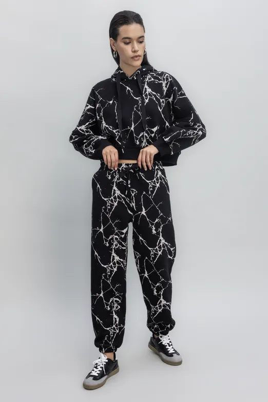 Bayan Siyah Desenli Şardonlu Jogger Pantolon - BSL