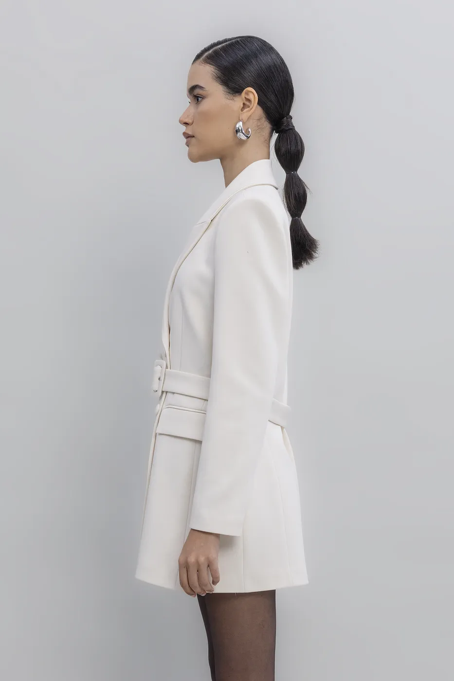 Bayan Ekru Kemerli Ceket Elbise