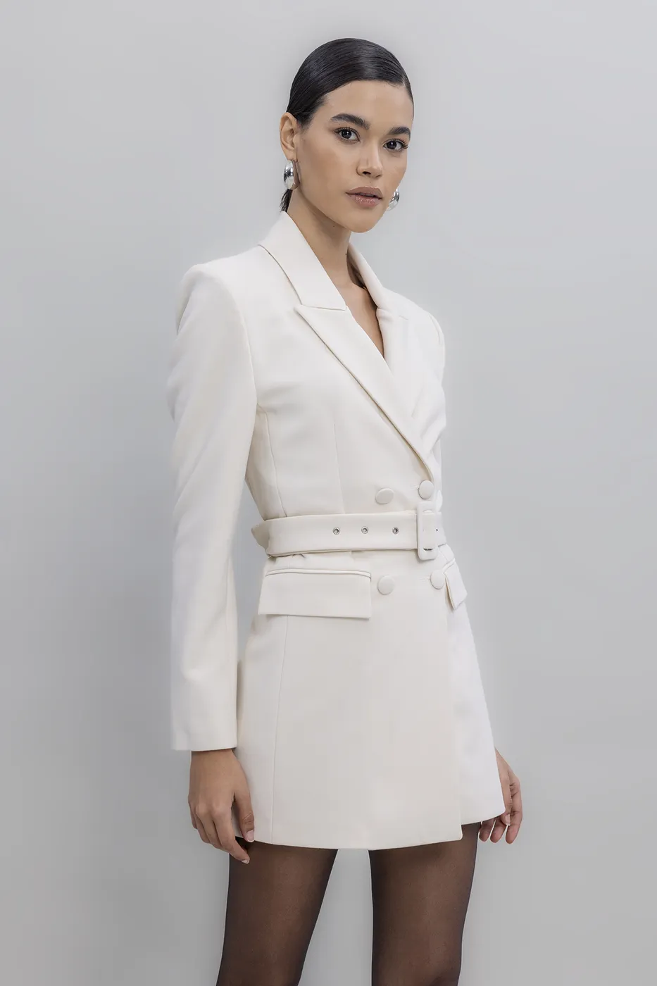 Bayan Ekru Kemerli Ceket Elbise