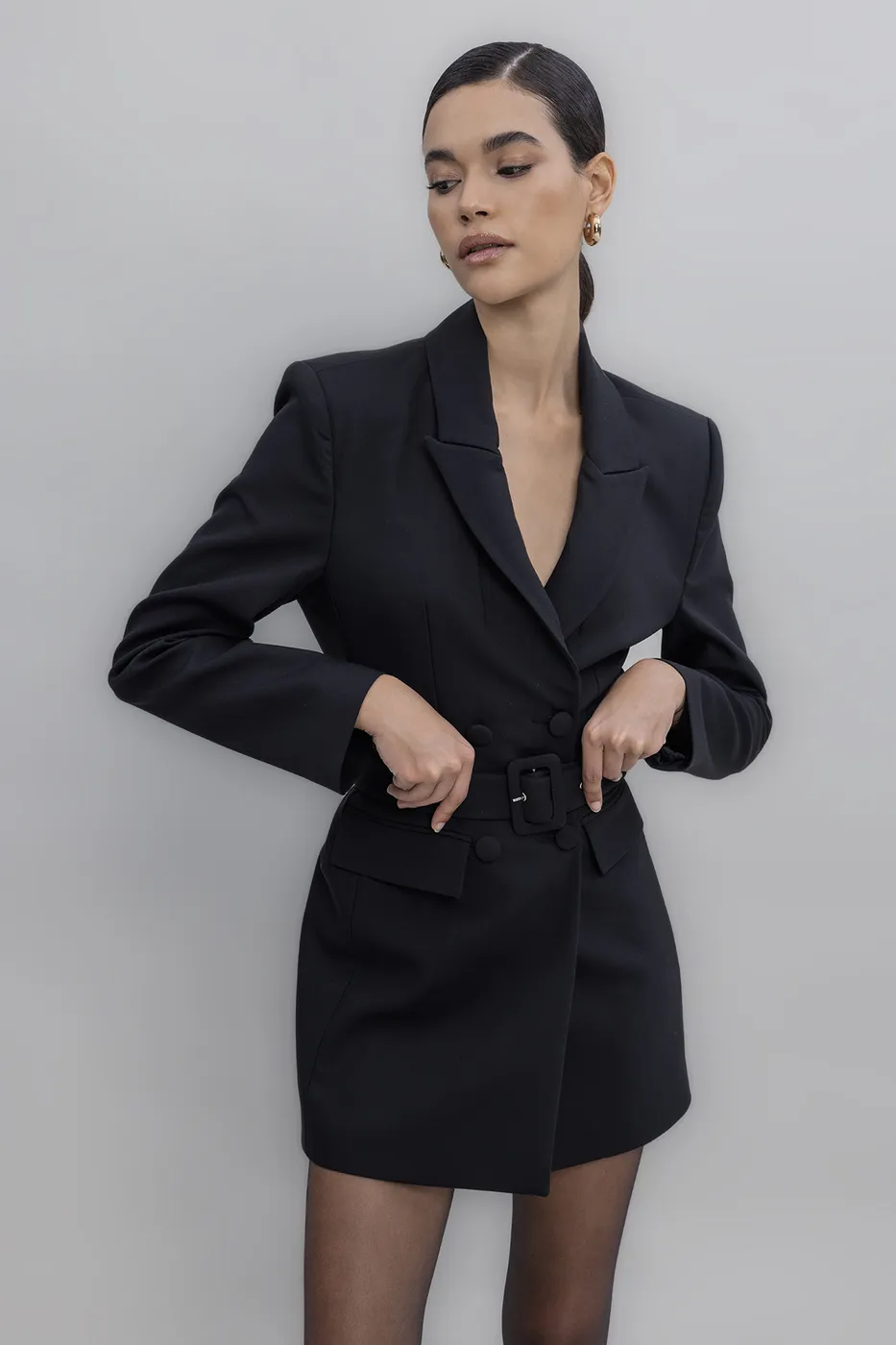 Bayan Siyah Kemerli Ceket Elbise