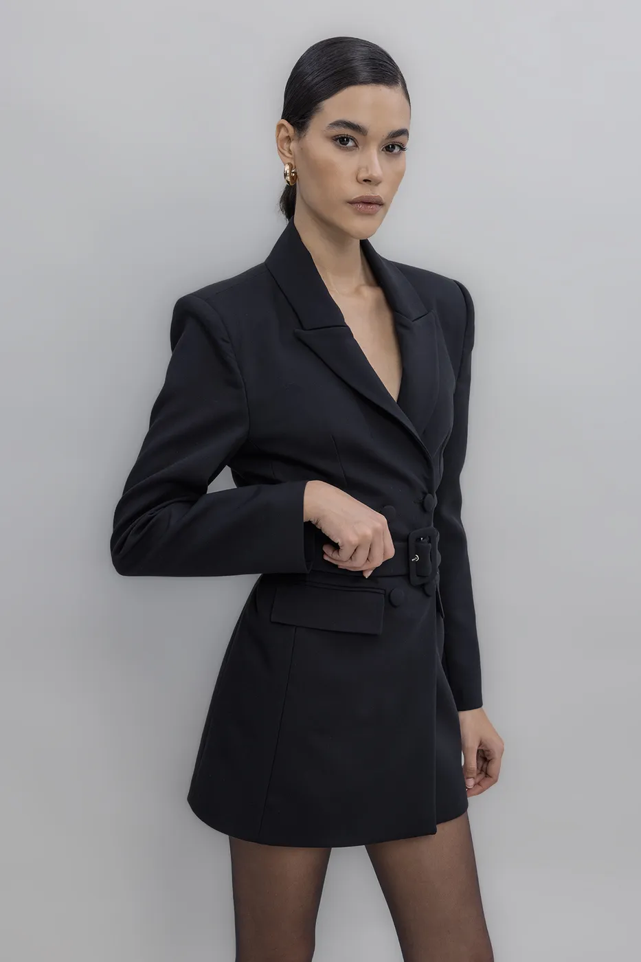 Bayan Siyah Kemerli Ceket Elbise