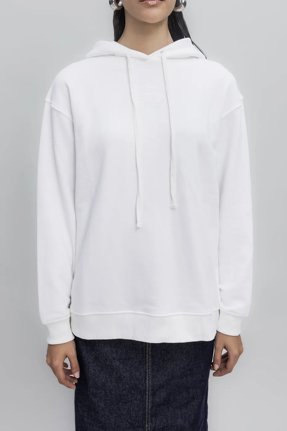 Bayan Ekru Kapüşonlu Nakışlı Sweatshirt