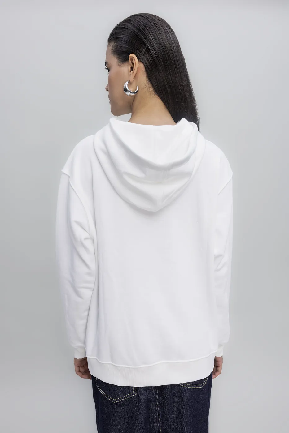 Bayan Ekru Kapüşonlu Nakışlı Sweatshirt