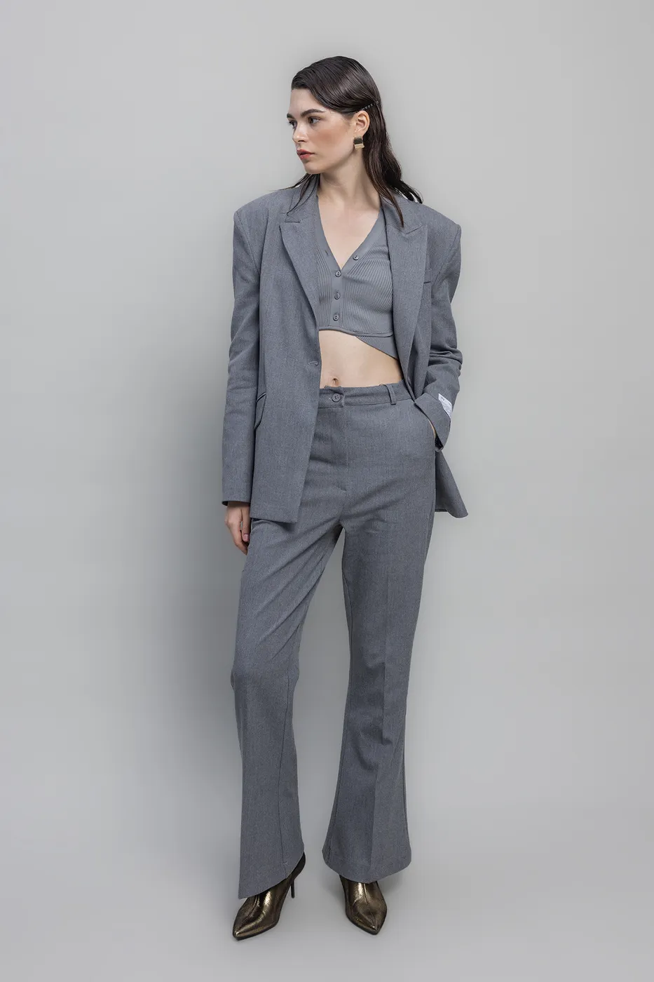 Bayan Gri Yüksek Bel Kumaş Pantolon