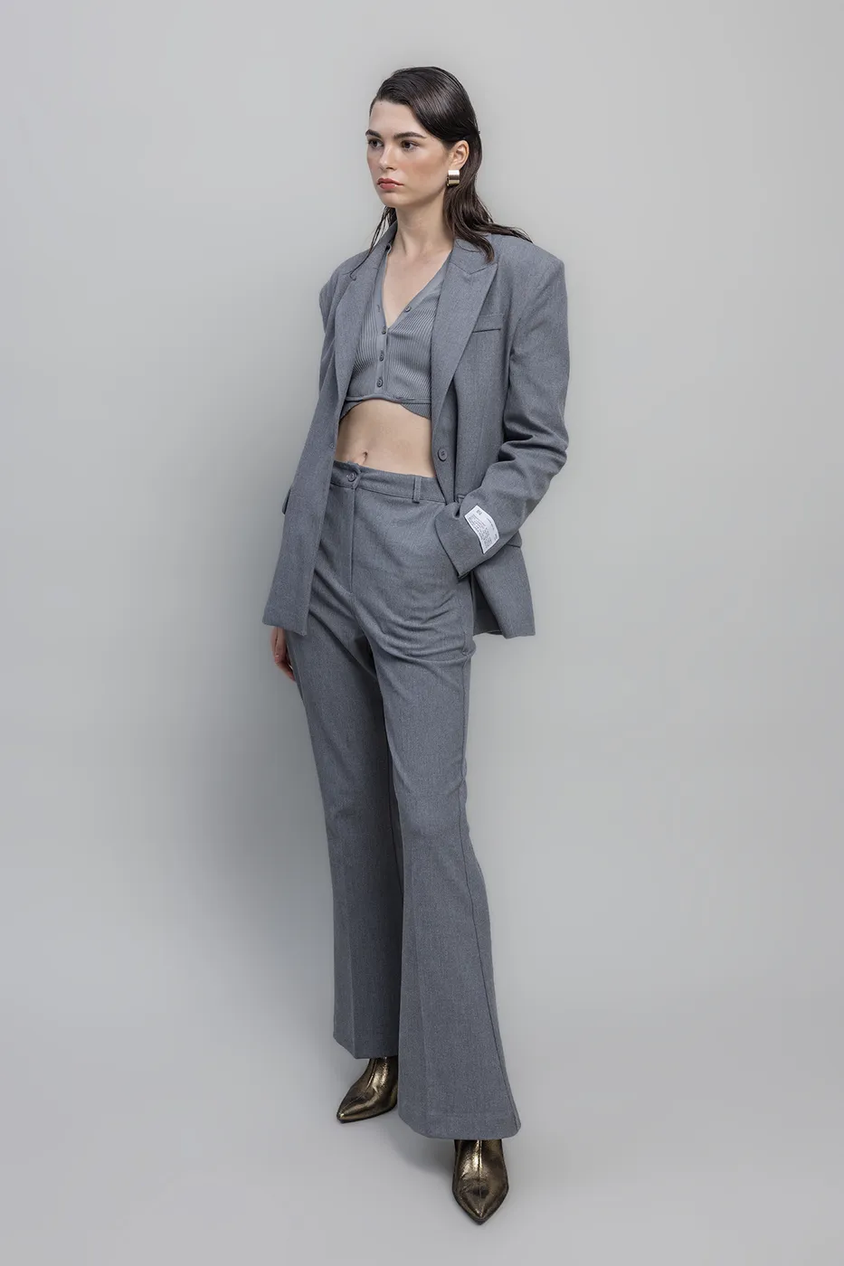 Bayan Gri Yüksek Bel Kumaş Pantolon