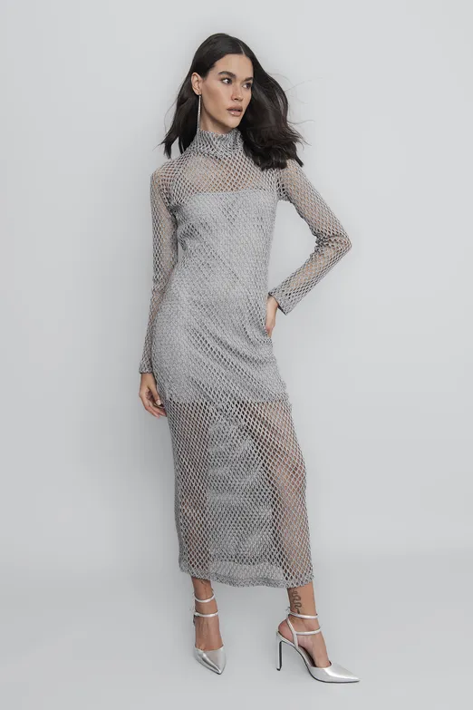 Bayan Gri Dik Yakalı File Elbise - BSL