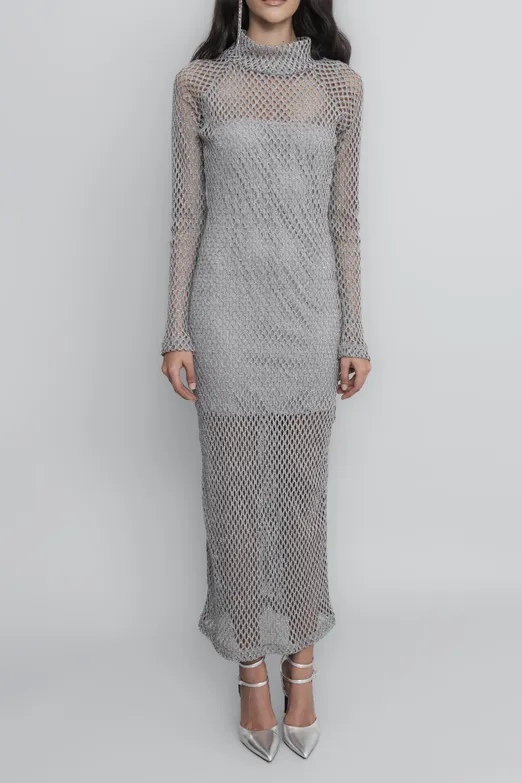 Bayan Gri Dik Yakalı File Elbise - BSL