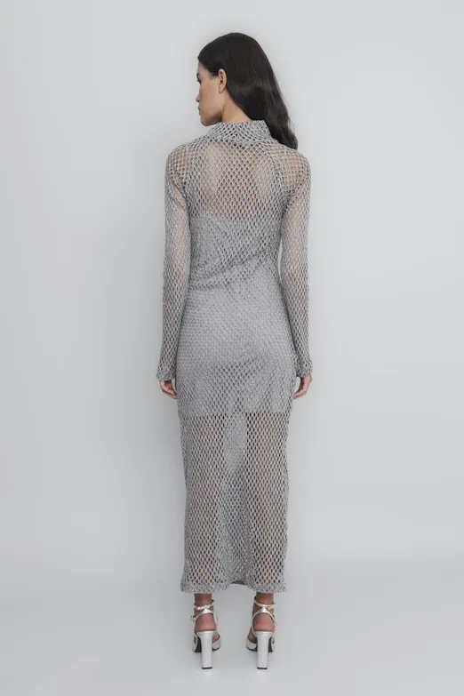 Bayan Gri Dik Yakalı File Elbise - BSL