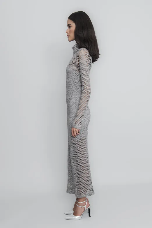 Bayan Gri Dik Yakalı File Elbise - BSL