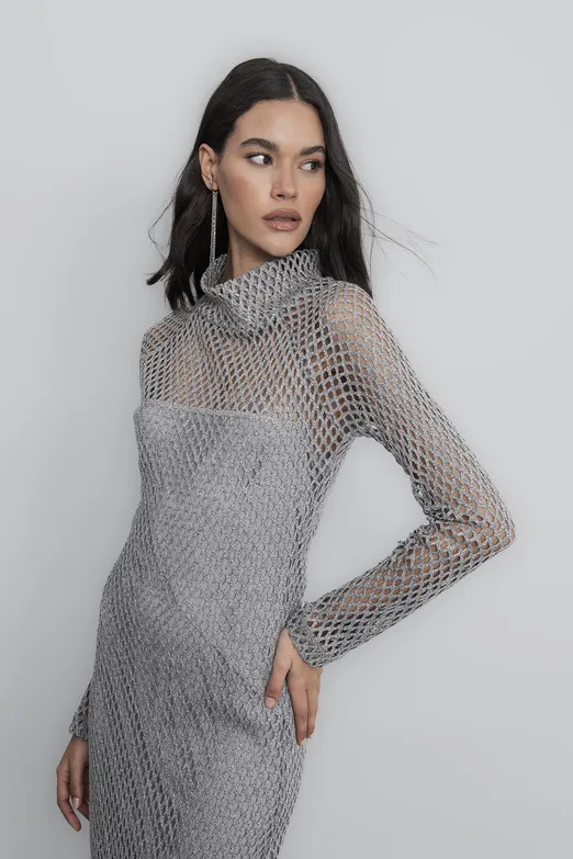 Bayan Gri Dik Yakalı File Elbise - BSL