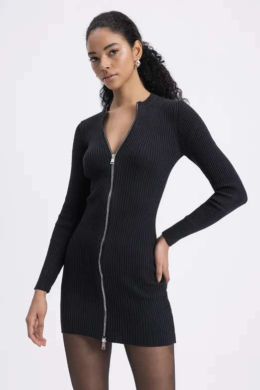 Bayan Siyah Fermuarlı Triko Mini Kalem Elbise - BSL