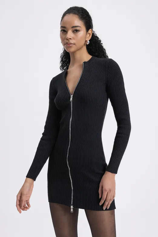 Bayan Siyah Fermuarlı Triko Mini Kalem Elbise - BSL