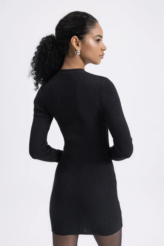 Bayan Siyah Fermuarlı Triko Mini Kalem Elbise - BSL