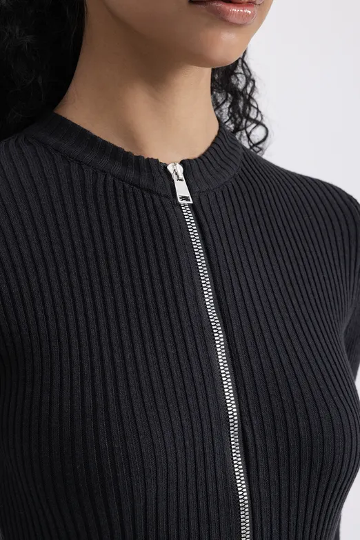 Bayan Siyah Fermuarlı Triko Mini Kalem Elbise - BSL