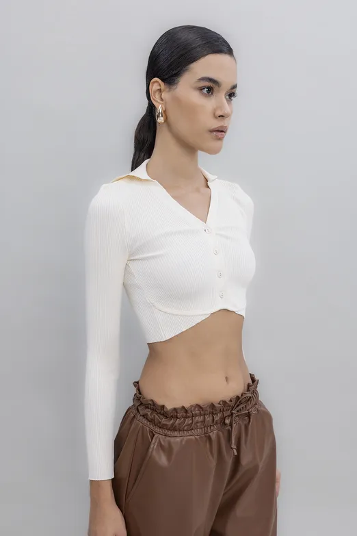 Bayan Krem Yakalı Crop Top - BSL