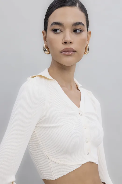 Bayan Krem Yakalı Crop Top - BSL