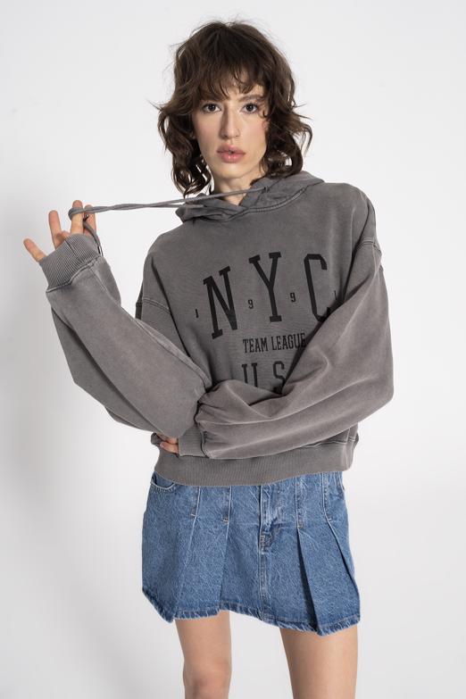 Bayan  Kapüşon Baskı Detaylı Şardonlu Sweatshirt