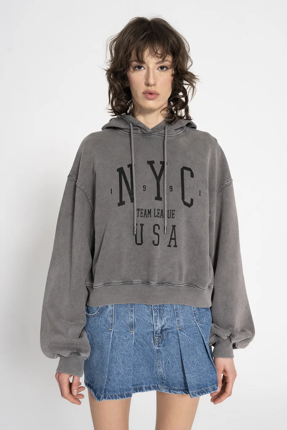 Bayan Gri Kapüşon Baskı Detaylı Şardonlu Sweatshirt