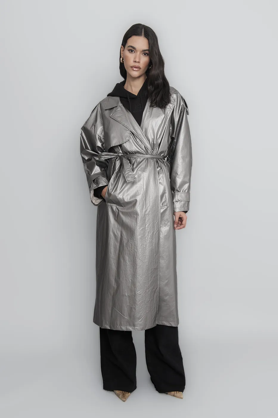 Bayan Gri Hologramlı Astarlı Trençkot