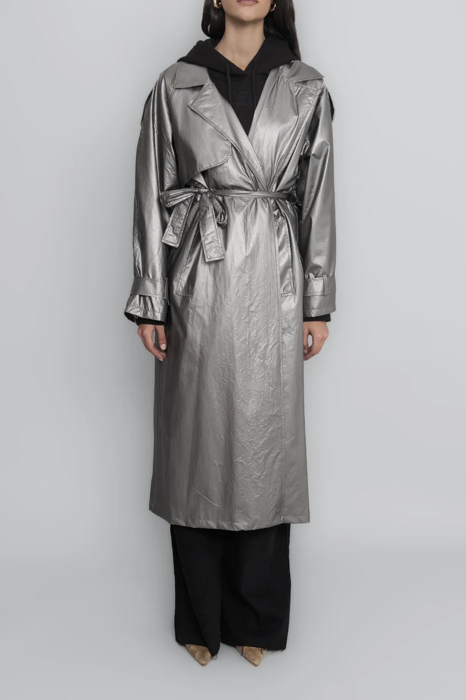 Bayan Gri Hologramlı Astarlı Trençkot