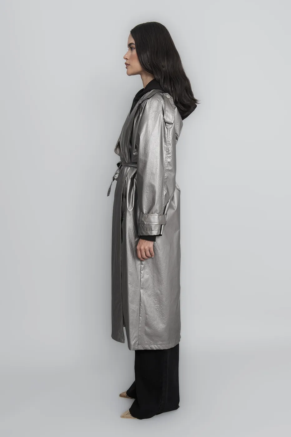Bayan Gri Hologramlı Astarlı Trençkot