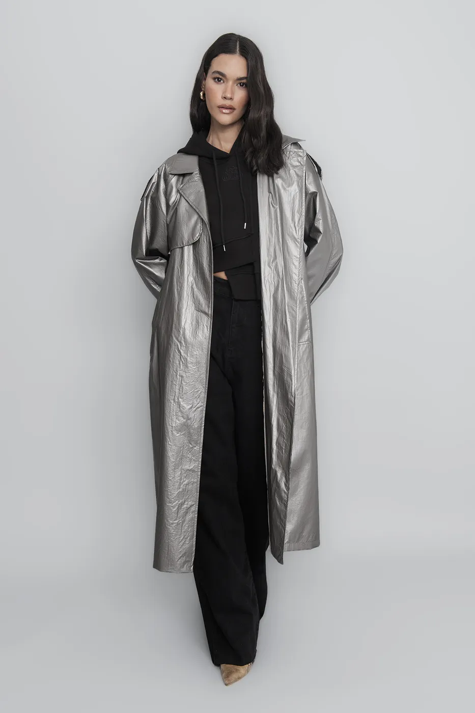 Bayan Gri Hologramlı Astarlı Trençkot