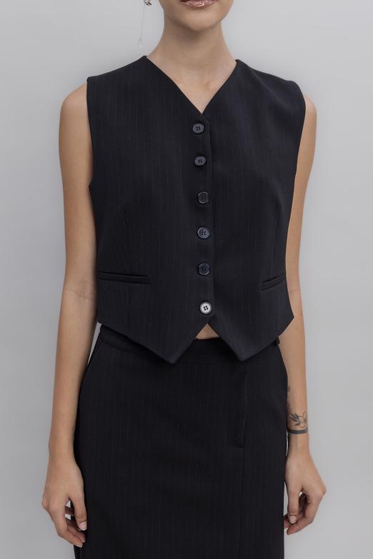 Bayan  İnce Çizgili Düğmeli Yelek