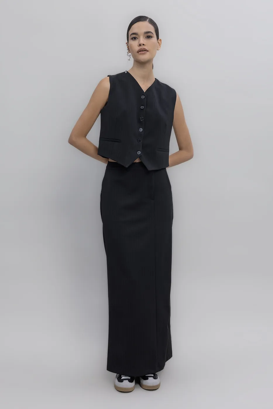 Bayan Siyah İnce Çizgili Maksi Etek