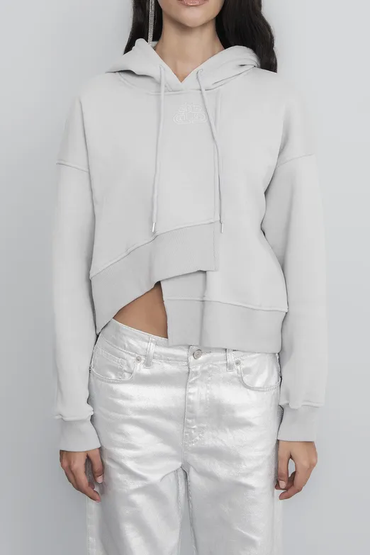 Bayan Gri Kapüşonlu Nakış Detaylı Şardonlu Sweatshirt - BSL