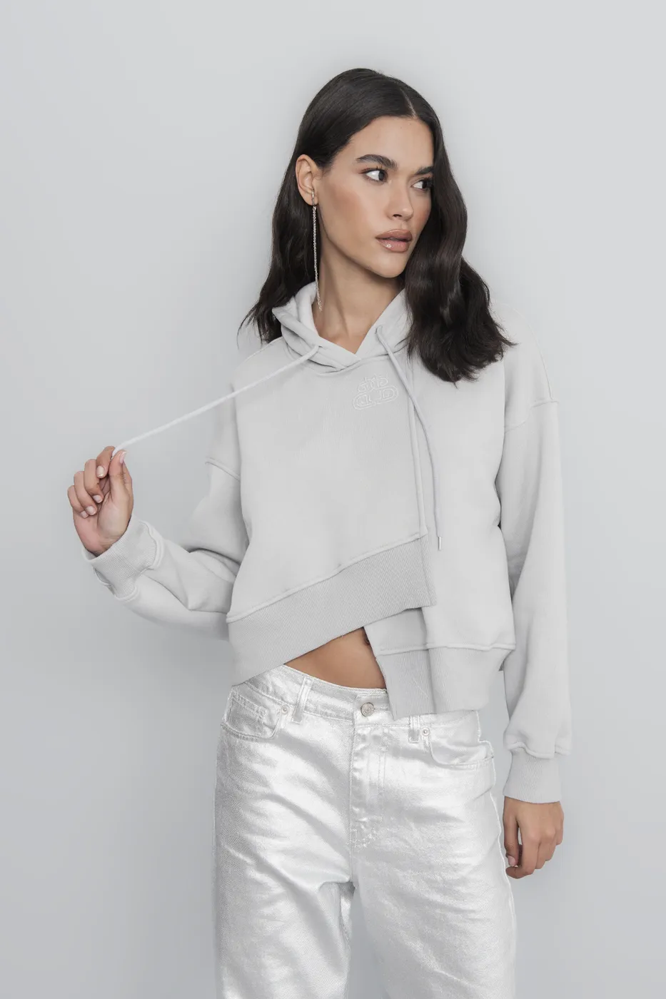 Bayan Gri Kapüşonlu Nakış Detaylı Şardonlu Sweatshirt