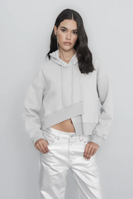 Bayan Gri Kapüşonlu Nakış Detaylı Şardonlu Sweatshirt - BSL