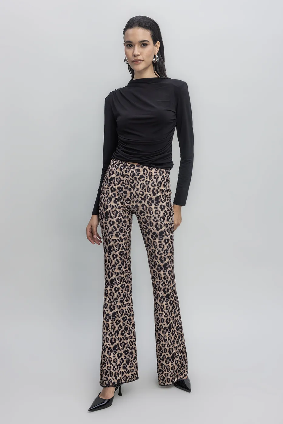 Bayan Bej İspanyol Paça Leopar Pantolon