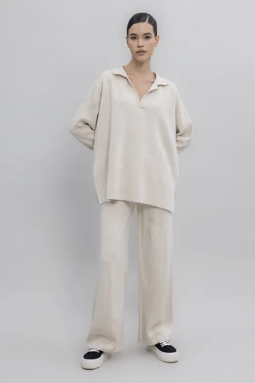 Bayan Ekru Bol Paça Triko Pantolon - BSL