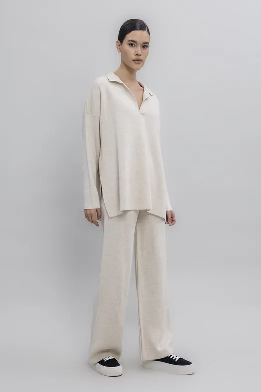 Bayan Ekru Bol Paça Triko Pantolon - BSL