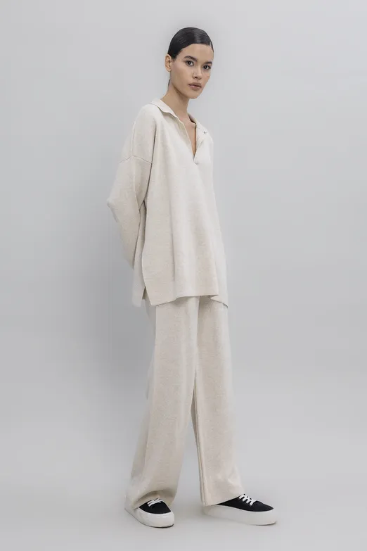 Bayan Ekru Bol Paça Triko Pantolon - BSL