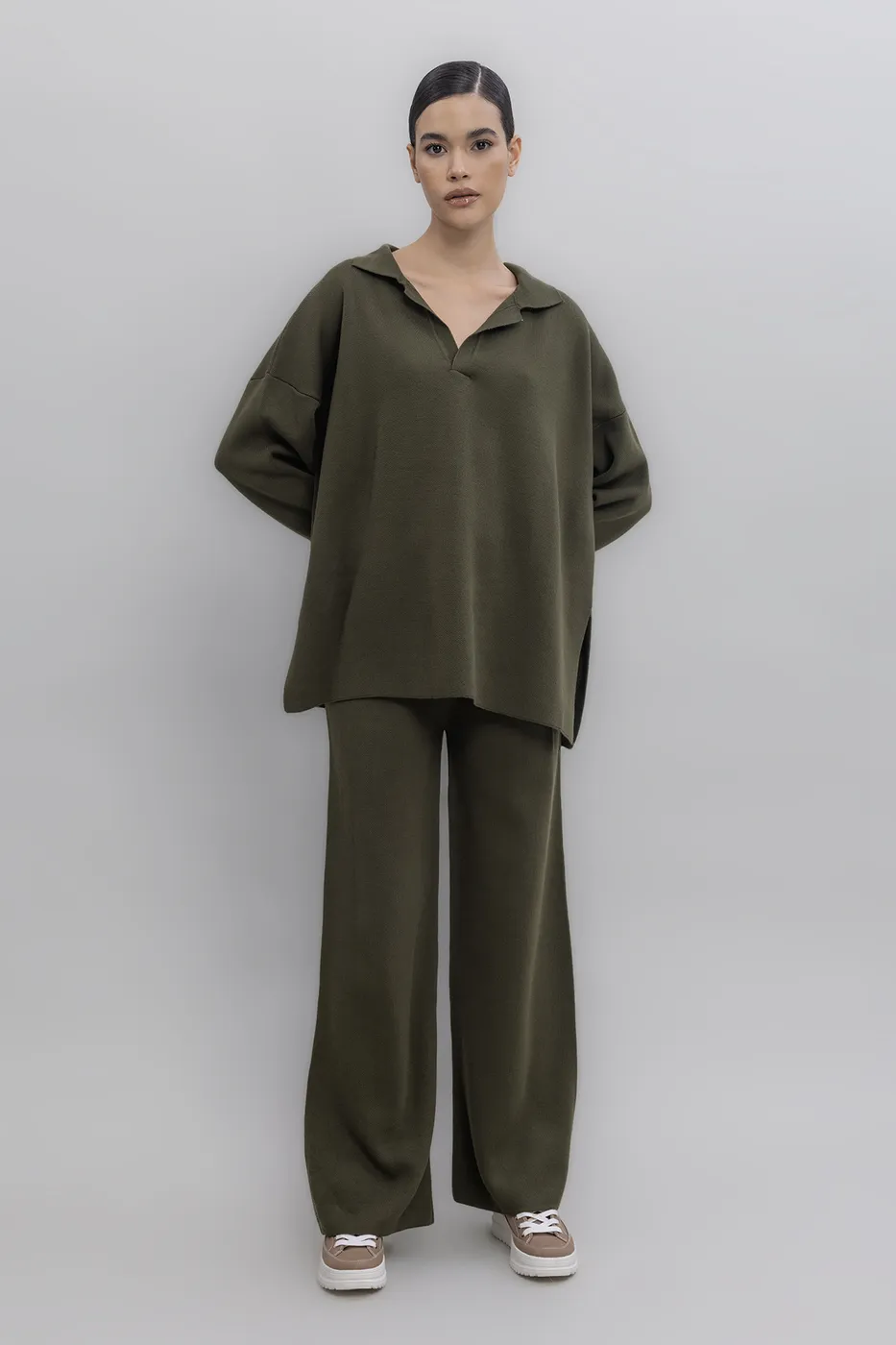 Bayan Haki Bol Paça Triko Pantolon