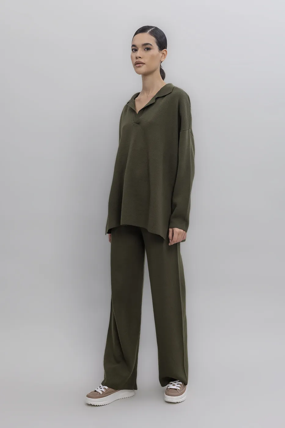 Bayan Haki Bol Paça Triko Pantolon