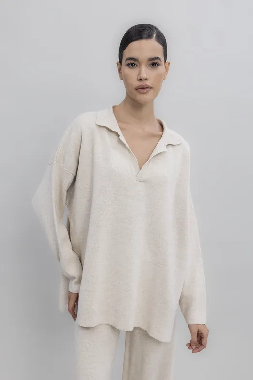 Bayan Ekru Yakalı Oversize Triko Kazak - BSL