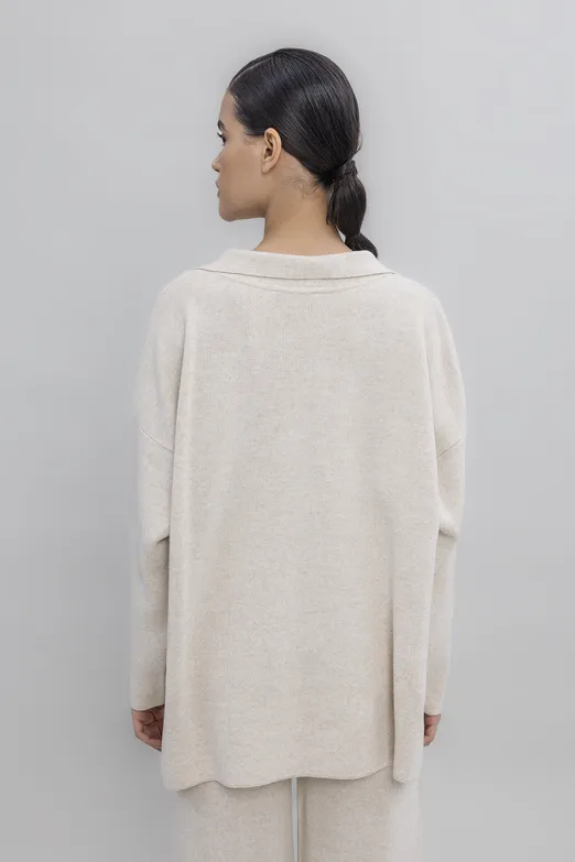 Bayan Ekru Yakalı Oversize Triko Kazak - BSL