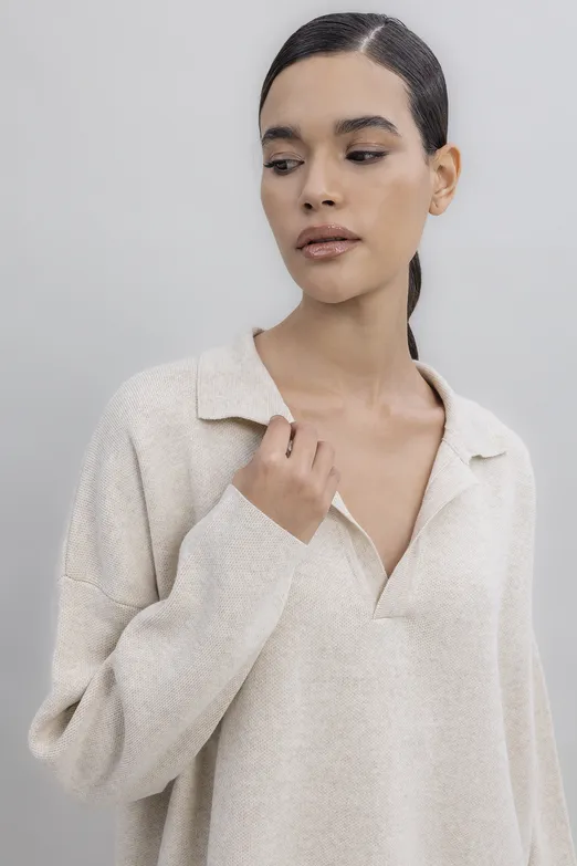 Bayan Ekru Yakalı Oversize Triko Kazak - BSL